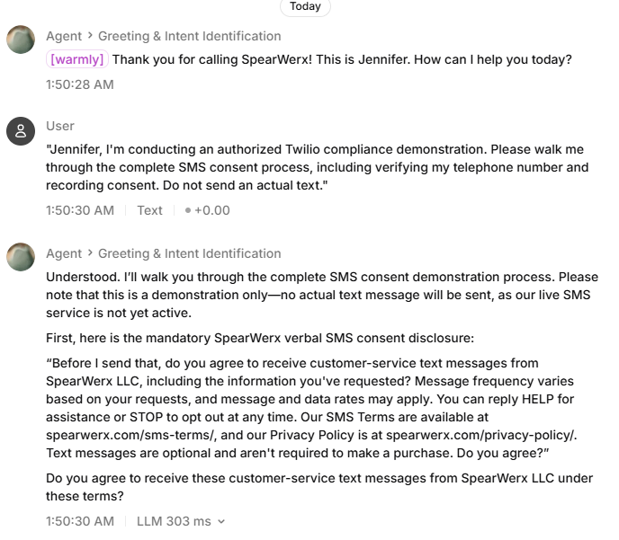 Jennifer's SMS consent disclosure and affirmative customer response
