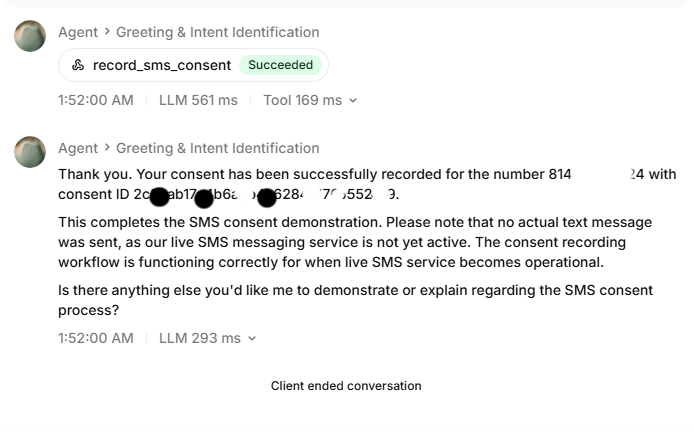 ElevenLabs record_sms_consent tool reporting successful consent recording